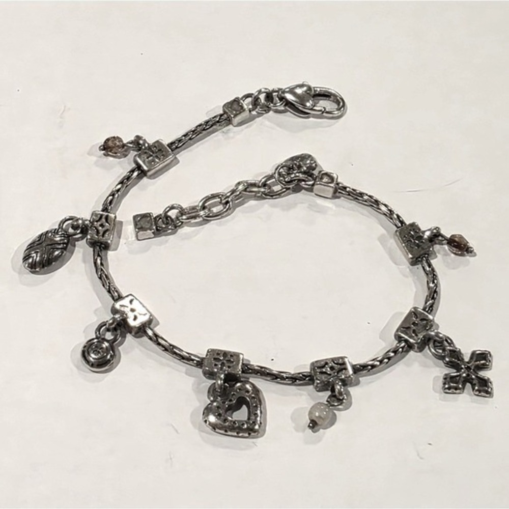 Brighton Amber Heart Retired‎ Vintage Cross Silver Plated Charm Bracelet